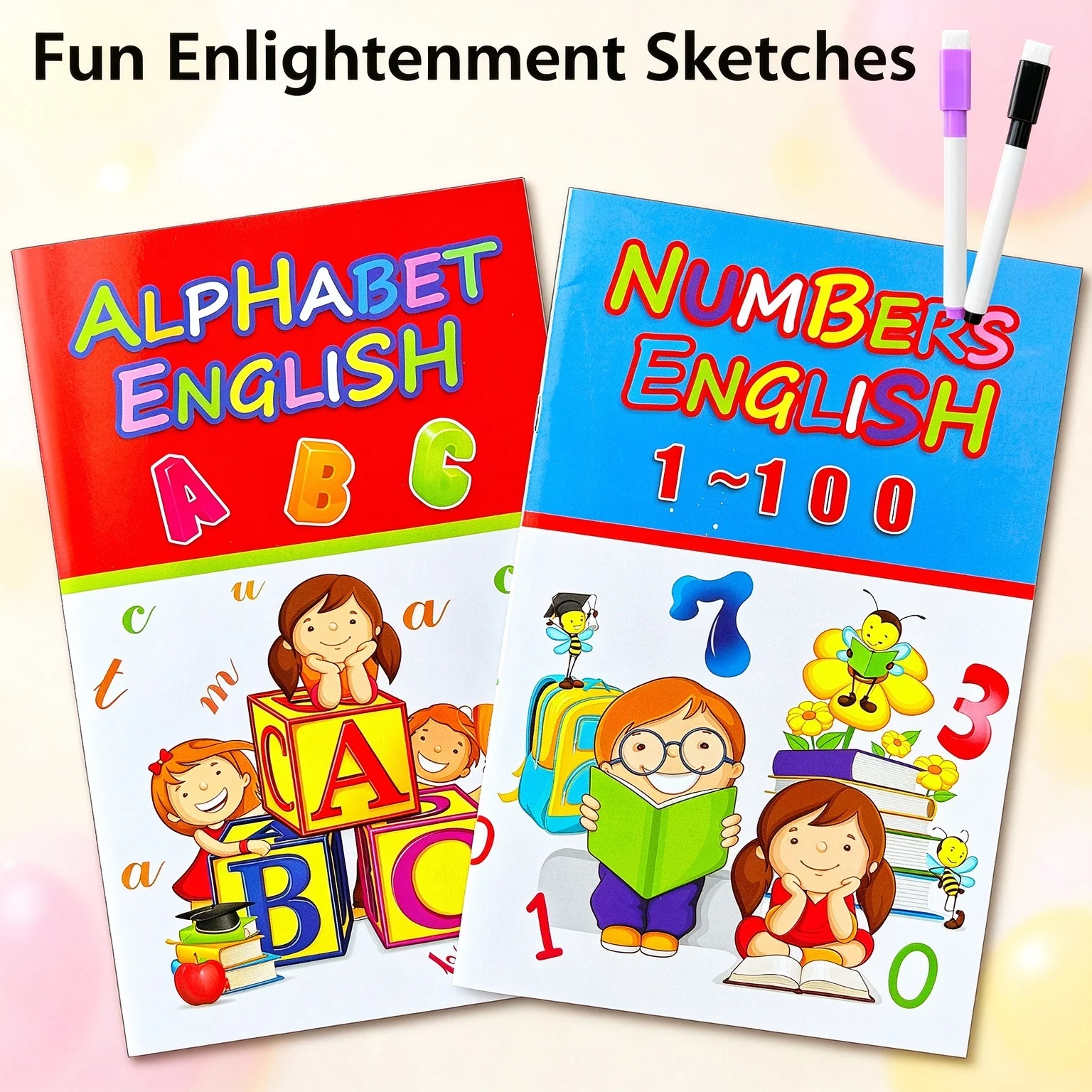 Preschool Educational Toy, Reusable Erasable Tracing Book Set, Alphabet & 1-100 Number Writing Practice Workbook with Markers