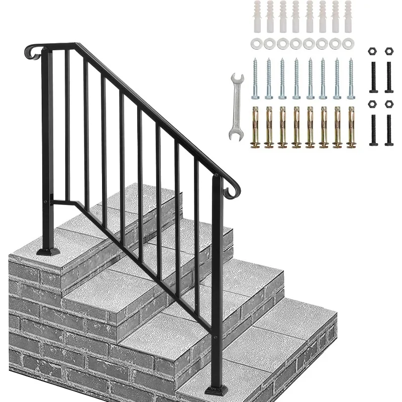 

Handrails for Outdoor Steps, Black Wrought Iron Handrail Fits 3 or 4 Steps, Transitional Handrail with Installation Kit