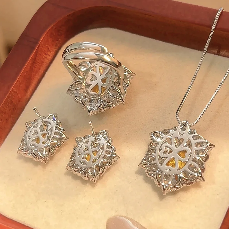 Jewelry Set Earrings Rings Necklace Colorful Zircon Yellow Diamond European and American Style High-end Women's Shipping