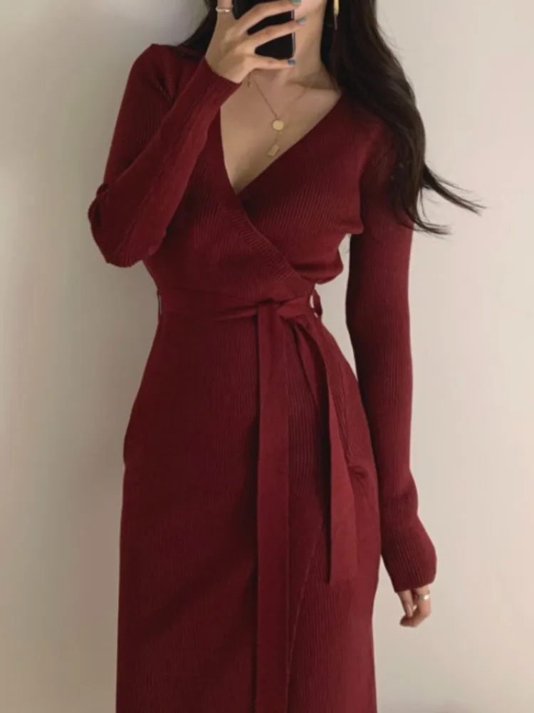 

Elegant and Chic Women Ribbed Sweater Dress Long Sleeve Vintage Bodycon Slim Knitted Dresses Fashion One Pieces Female Clothes