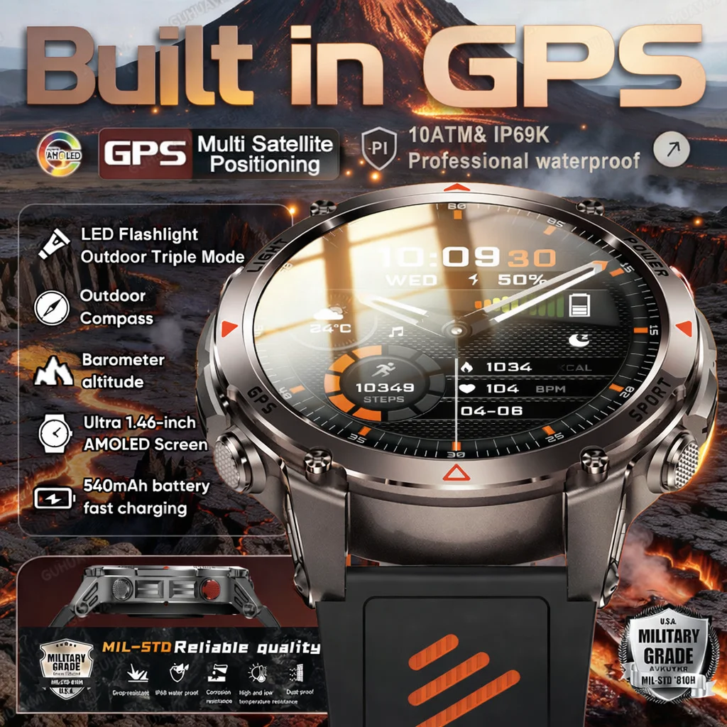 

Новые спортивные смарт-часы 2026 года с GPS, водонепроницаемость 10ATM, AMOLED-экран 1,46 дюйма, двухдиапазонный GNSS, компас, альтиметр, фонарик, военные смарт-часы