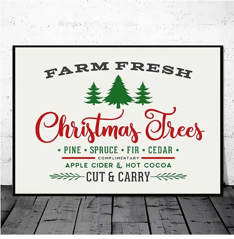 Art Canvas Poster Painting Christmas Home Decor and Rustic Sign Wall Picture Prints Farm Fresh Trees