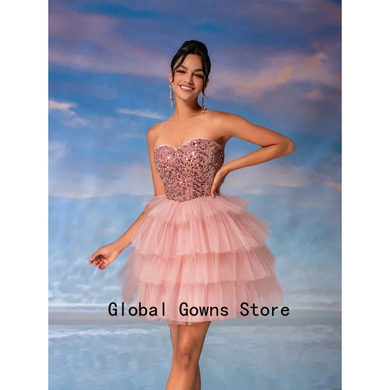 

Blush Pink Strapless Prom Dress Sequined Tiered Homecoming Dress Tulle High Low Lace Up Evening Gown Customized