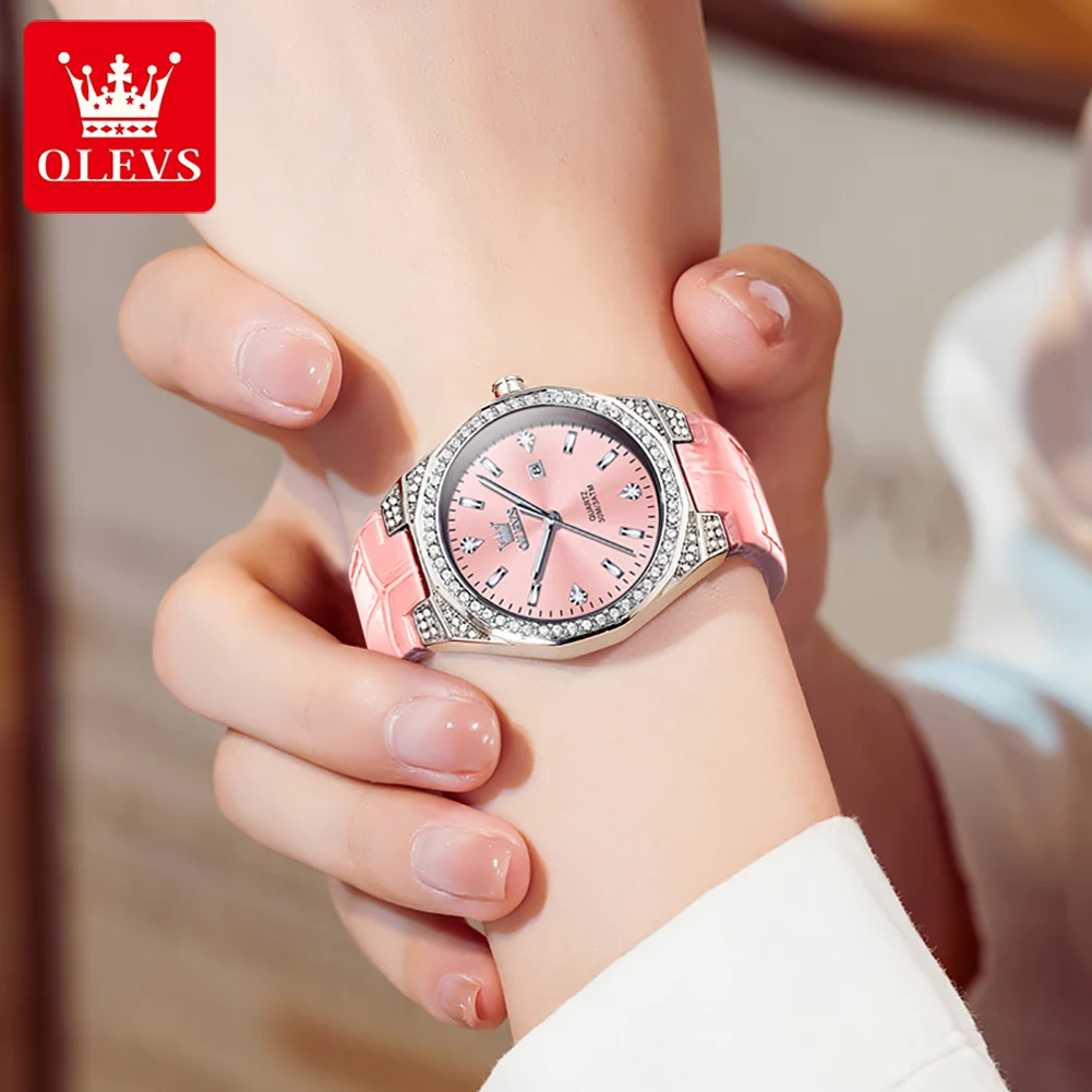 OLEVS 5606 Luxury Quartz Watch For Women Calendar Diamond Elegant Ladies Wristwatch Waterproof Original Business Leather Watches