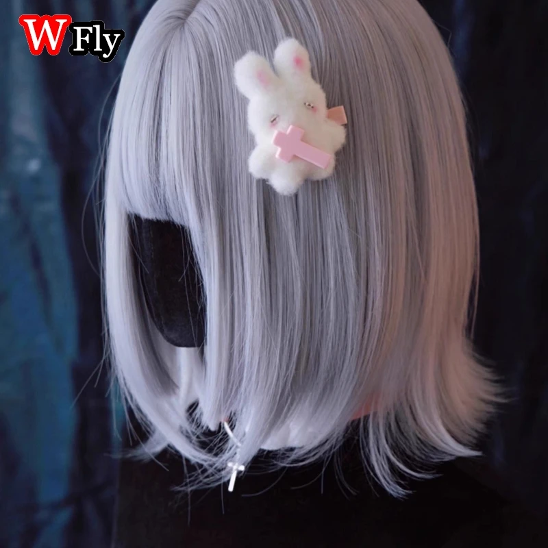 Harajuku Gothic Lolita Y2K girl Decorative Cross Plush Powder Blusher cute Bunny Hairpin with White Pink Hairpin Clip Hair Clip