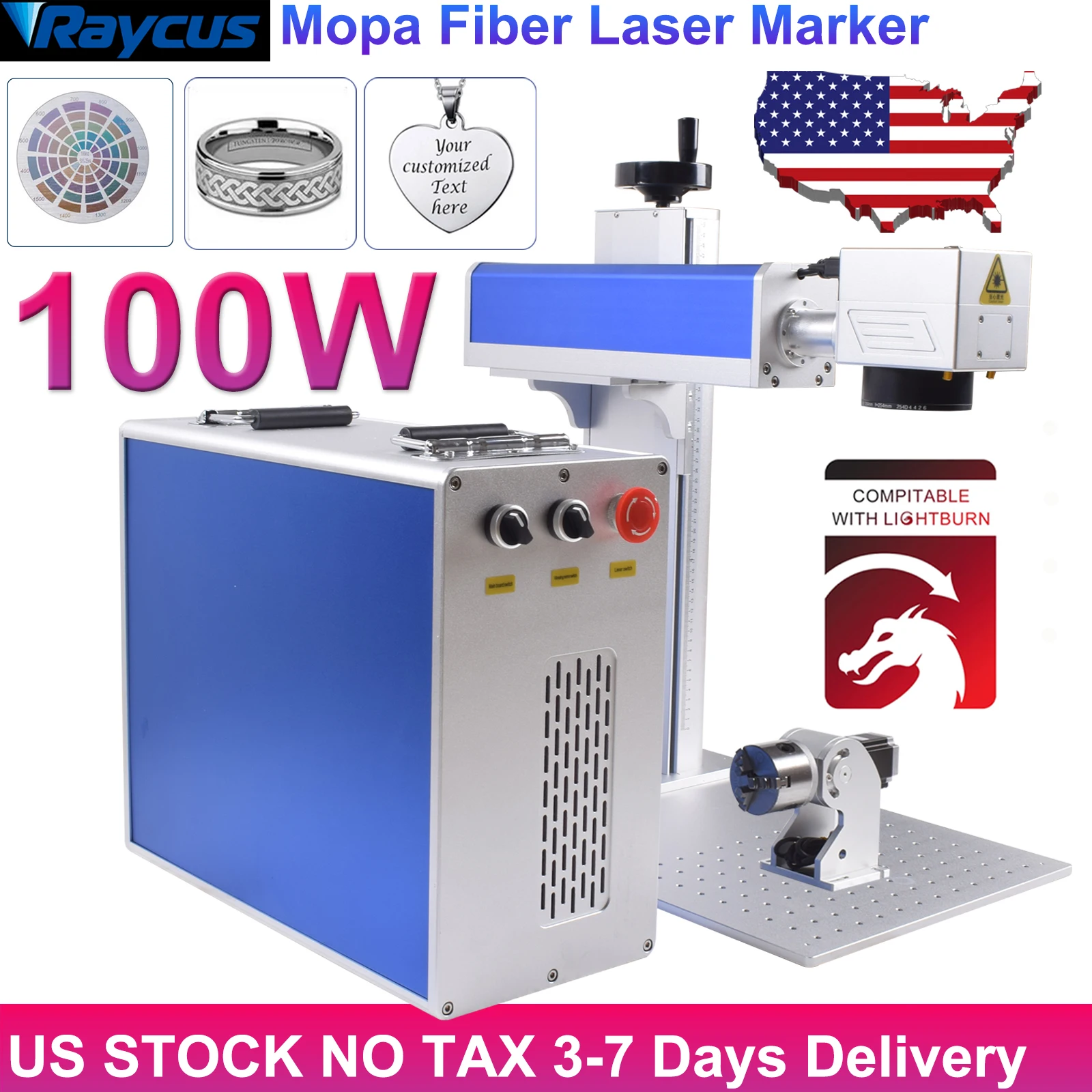 100W MOPA Laser Engraver Raycus 50W(QB) Fiber Laser Marking Machine for Metal Steel Copper 200X200MM Lens [US STOCK]