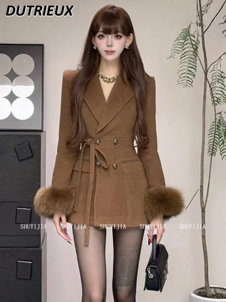 French Temperament Lapel Woolen Coat Women's Autumn and Winter Design Fluffy Long Sleeves Sweet Slim Fit Mid-length Jacket