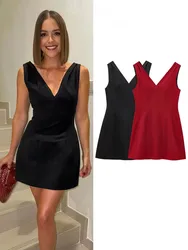 HH Summer Women V-Neck Sleeveless Backless Decorate Zipper Mini Dress Fashion Woman Sexy Dresses Street Style Party Dress
