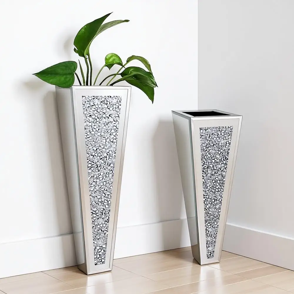 

Crushed Diamond Mirrored Hanging Planter & Geometric Decor Mirrored Container, Silver Decorative Mirror Vase for Home Decor or P