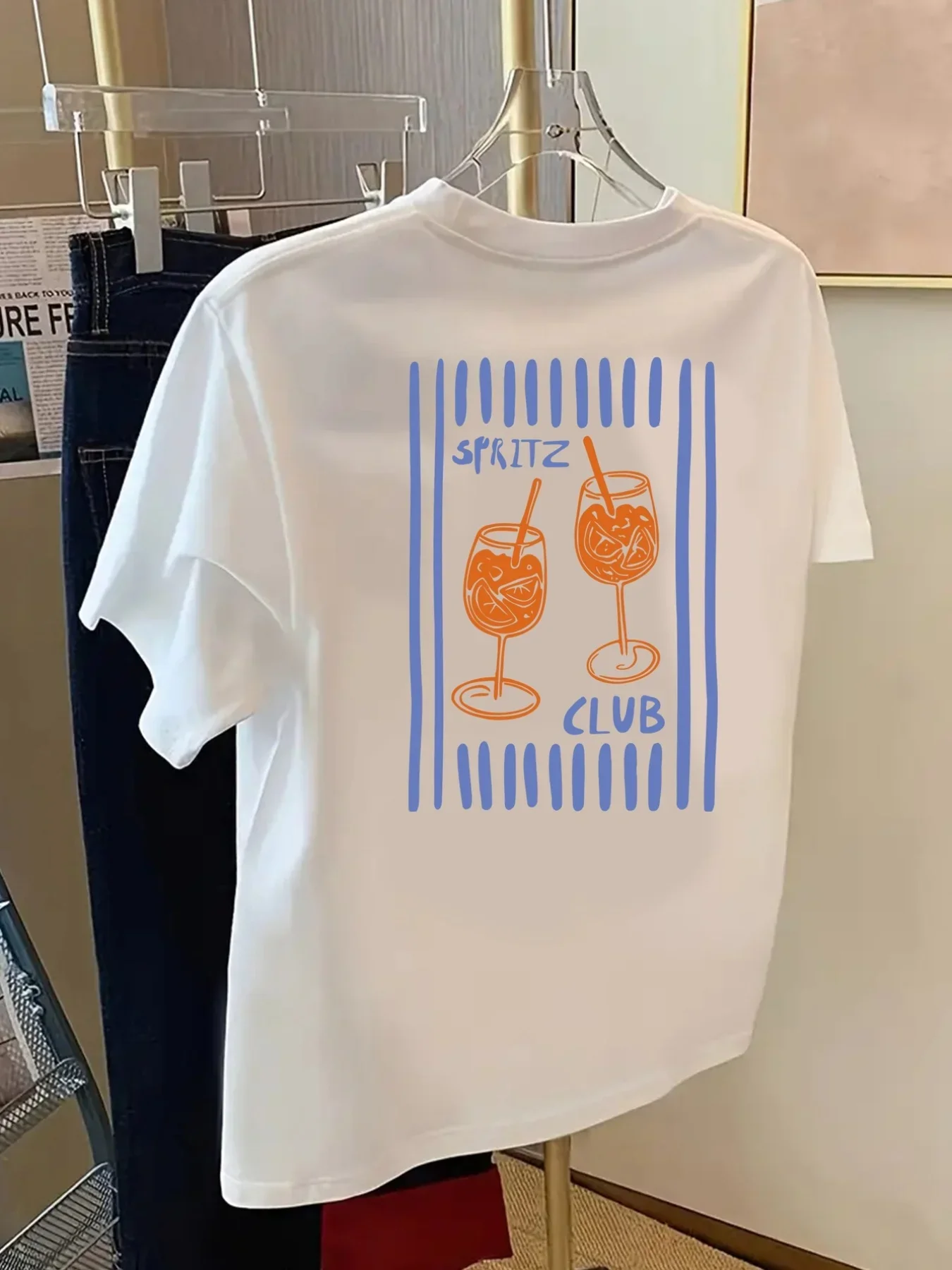 Mens 100% Pure Cotton Tee Orange Wine Glass Sketch Contrast Cursive Text Graphic Loose Streetwear Short Sleeve Shirts