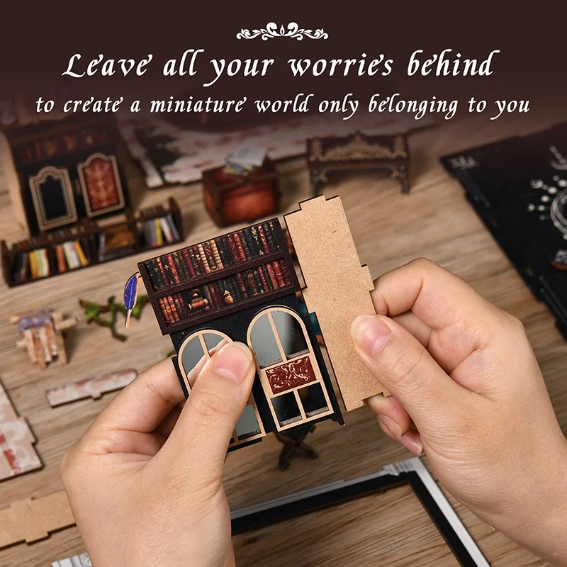 Diy livro nook kits de modelo em miniatura de madeira o reino do livro mágico estante 3d quebra-cabeça estante de natal para amigos presentes