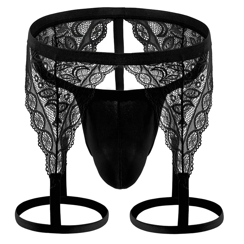 Men's Hip Lift U Penis bag Double Thong Medium rise Personality Lace Smooth Sexy Solid Color Thong cross dresser gay underwear