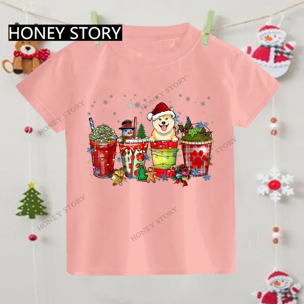 Merry Christmas Kids TShirt Christmas Coffee Dog Kids Casual Short-sleeved T-shirt for Kids Girls Clothes