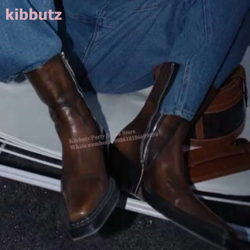 

Leather Ankle Chelsea Boot Pointed Toe Square Heel Side Zipper Retro Fashion Concise Elegant Novelty Sexy Luxury Women Shoes New