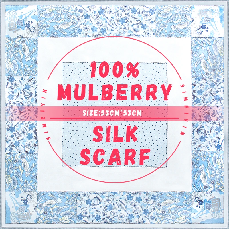 

100% Mulberry Silk Square Scarf Pastoral Bloom & Tiny Dots Design Headband Wrist Wrap Handbag Decorative Daily Use