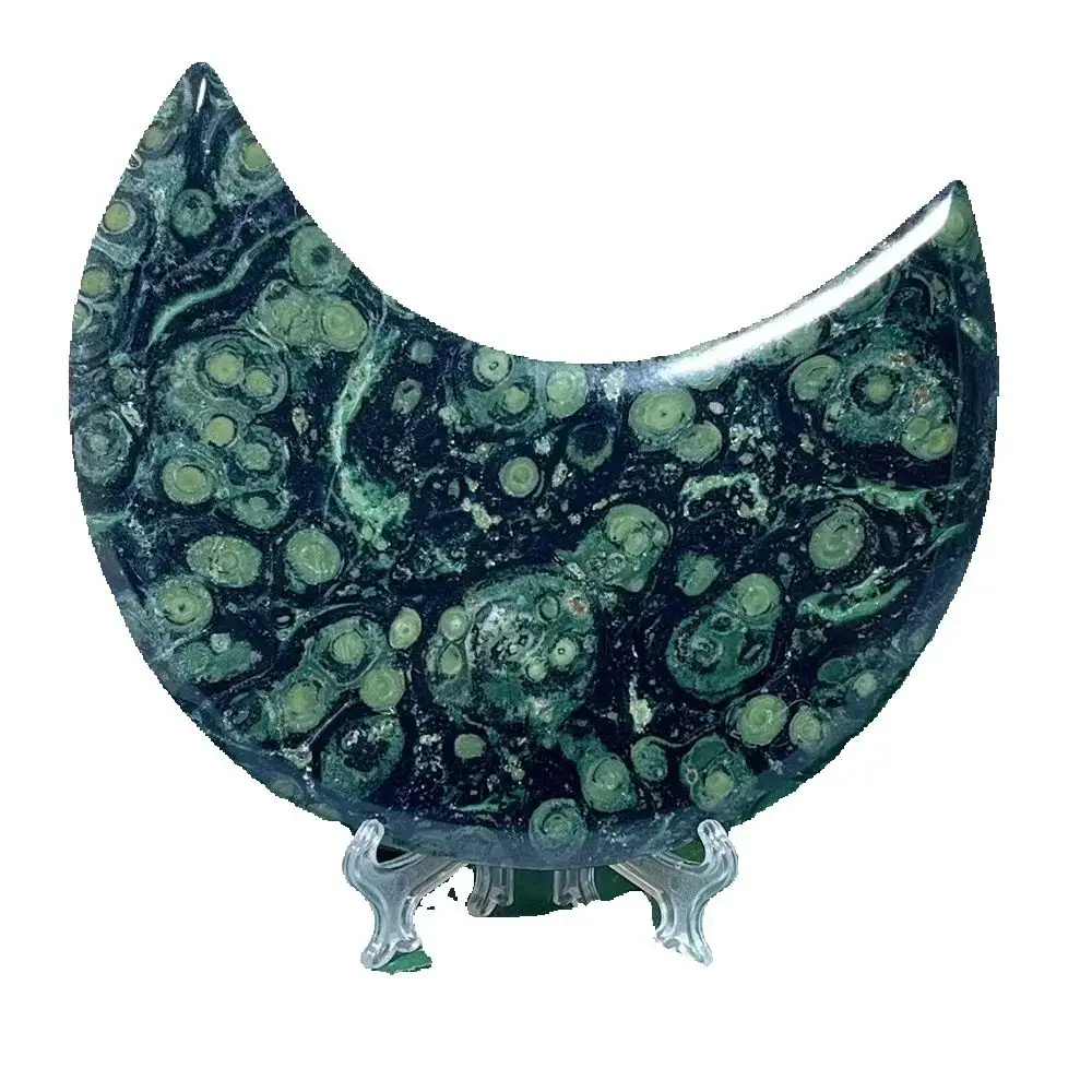 Green Kalbaba Moon Stone Quartz Carving Crystal Smooth Natural Reiki Crystal Mineral Decoration Gift Feng Shui Energy+Stand
