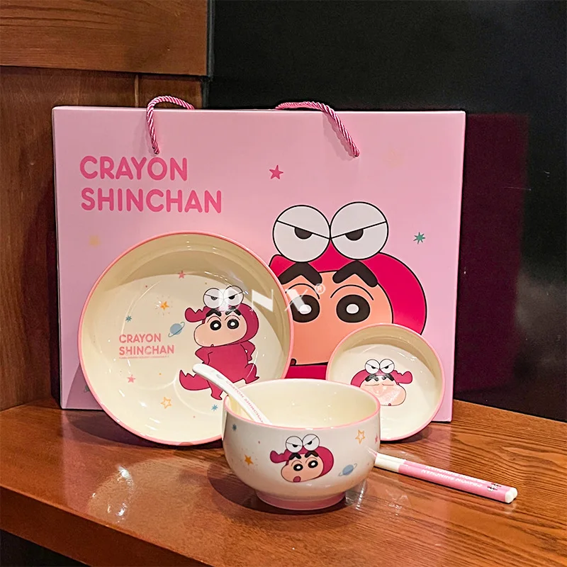 Bandai Crayon Shin Chans Cartoon Ceramic Tableware Rice Bowl Cute Plate Spoon Chopsticks Plate Five-Piece Set Gift for Friends