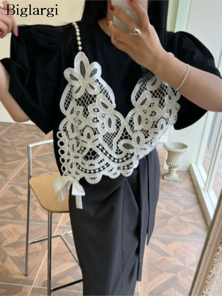 

Summer Fake Two Piece Set T-Shirts Women Embroidery Pearl Fashion Sweet Ladies Blouses Korean Style Loose Woman T-Shirts