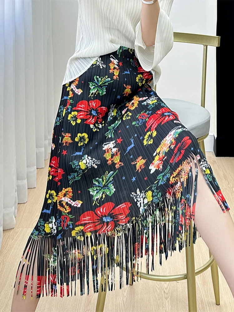 

High Waist A-Line Midi Skirt Women's Spring Summer Floral Print Tassel Design Pleated Slimming Skirt Korean Style Long Skirt