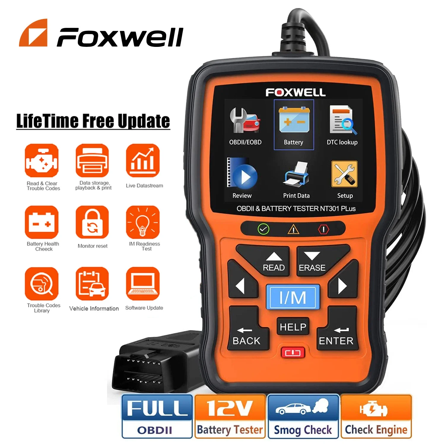 FOXWELL NT301 Plus OBD2 Automotive Scanner 12V Battery Tester Engine Check Code Reader Battery Charging Cranking System Test