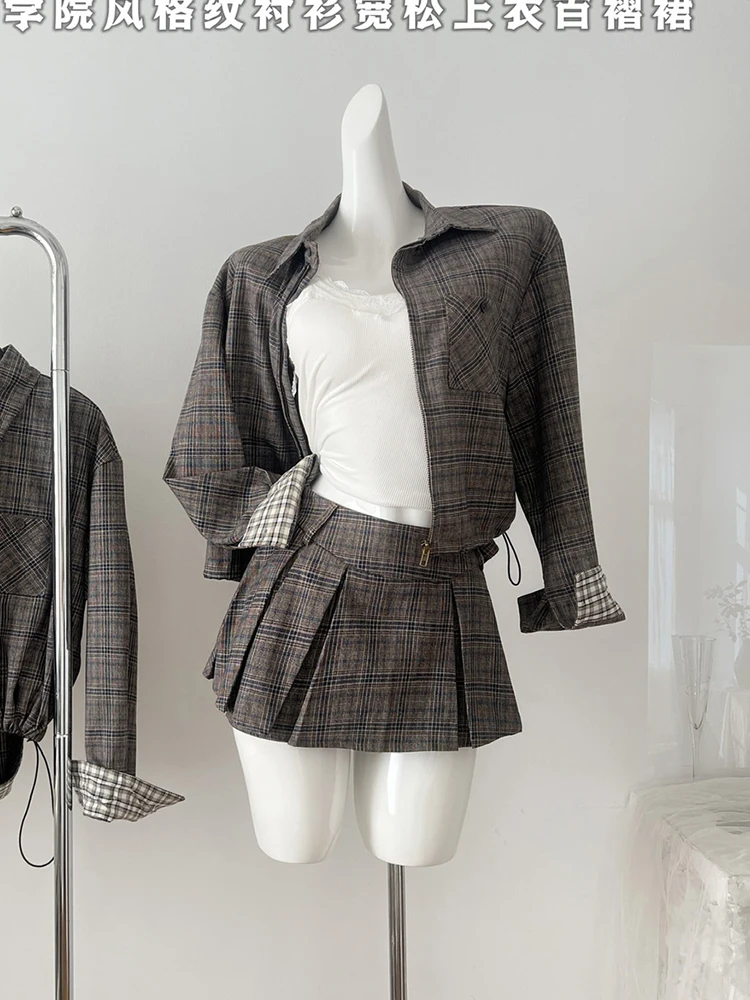 Autumn Winter Women 2000s Aesthetic Plaid Old Money Suit Preppy Outfits 2 Piece Set Vintage Shirts Jacket + Mini Pleated Skirt