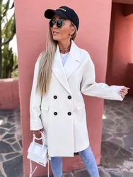 Urban Style Suit Collar Long Woolen Coat, Women's Autumn/winter Solid Color Casual Straight Barrel Double-breasted Woolen Coat