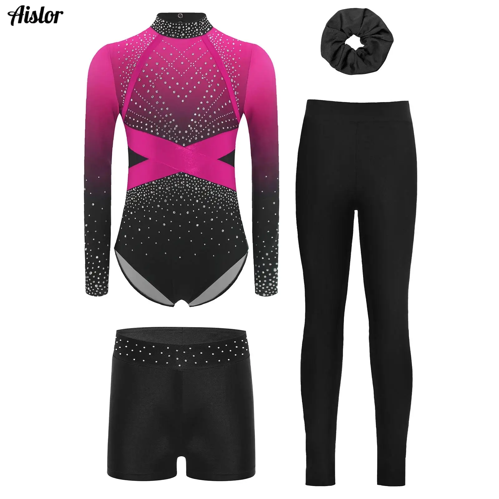 

4Pcs Kids Girls Gymnastics Figure Skating Dance Costume Long Sleeve Color Block Leotard Bodysuit+Shorts+Leggings Pants+Headwear