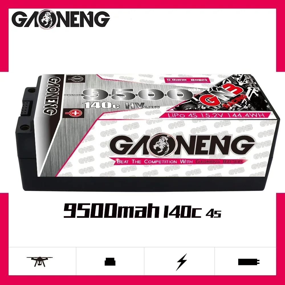 Gaoneng GNB 9500mAh 4S2P 15.2V 140C/280C 5.0mm Bullet Hardcase HV LiPo Battery XT90 Plug For 1:8 1/8 Four Drive Off-road RC Car