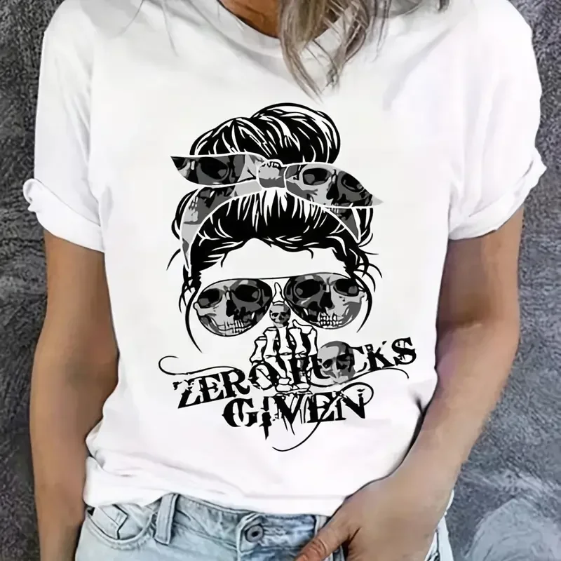 

Summer Women's Clothing Woman Skull Print Crew Neck T-Shirt Casual Short Sleeve Top For Spring &