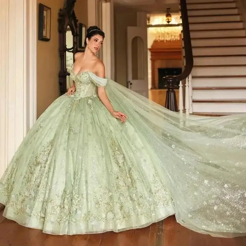 

Sparkly Mint Green Princess Quinceanera Dresses Off Shoulder Ball Gown Sequin Appliques Lace Crystals Beads Tull With Cape