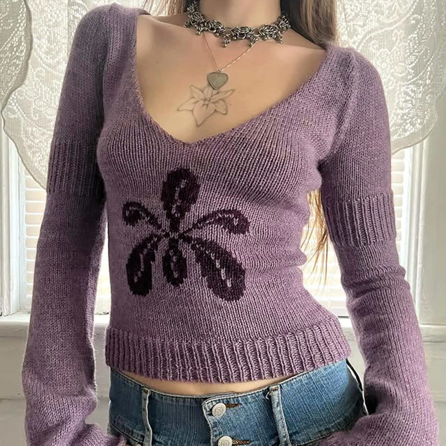 Suéter Y2K ajustado Floral con cuello en V para mujer, jerséis de punto morados Vintage, Top informal para mujer, trajes de Otoño Invierno de los años 90