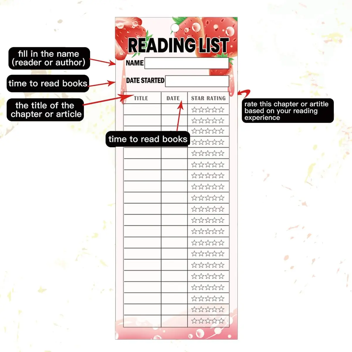 Reading List Bookmark Tracker 3 x 8 Strawberry Theme Personal Libraries Reading Page Cards Book Tracker Notecards Reading Log