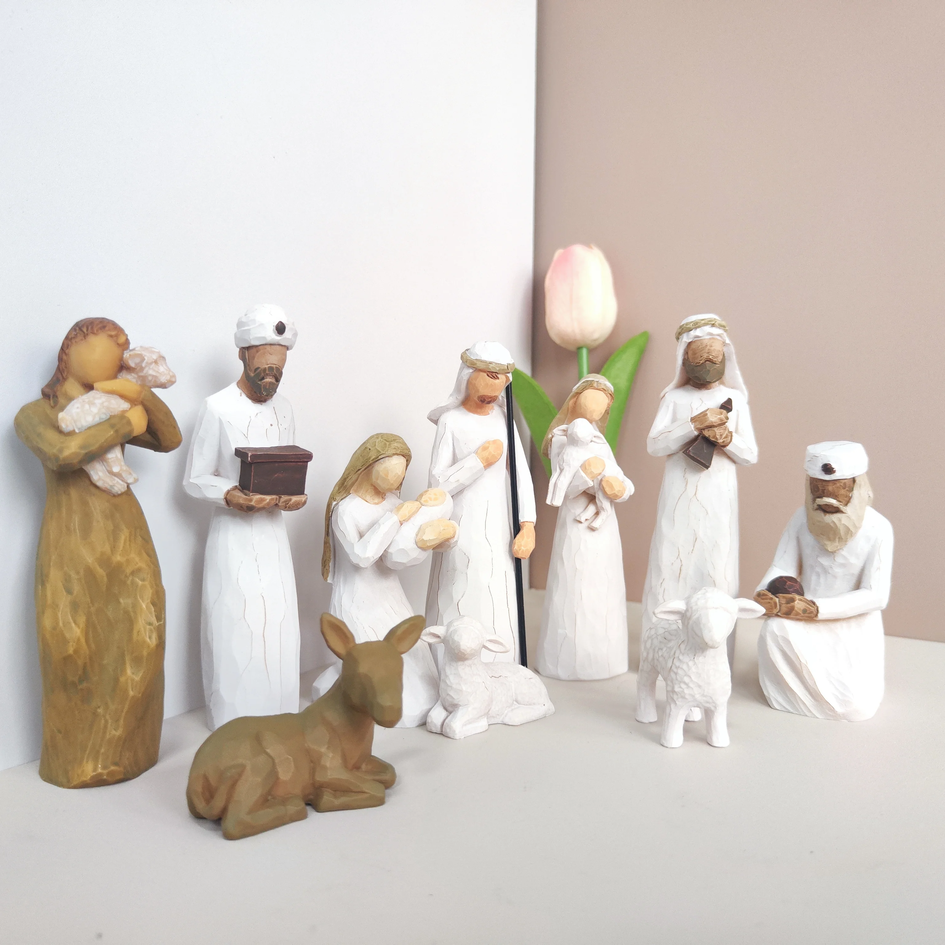 مجموعة تماثيل راتينج لمشهد المهد مجهول الهوية مكونة من 10 قطع، ديكور عيد الميلاد لولادة يسوع، ماري جوزيف الراعي الرجال الحكيم مع الأغنام، مينيما