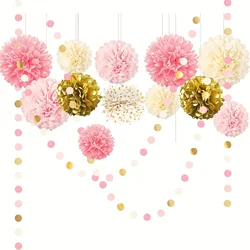 15 Vibrant Paper Pom Poms - Elegant Pink Gold Tissue Flowers for Party Decor - Perfect for Weddings, Birthdays, Showers