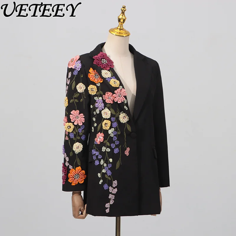 

Autumn New Embroidered Sweet Flowers Blazer Female Elegant Versatile Slim Fit Long Sleeve Jacket for Women High-End Black Coat