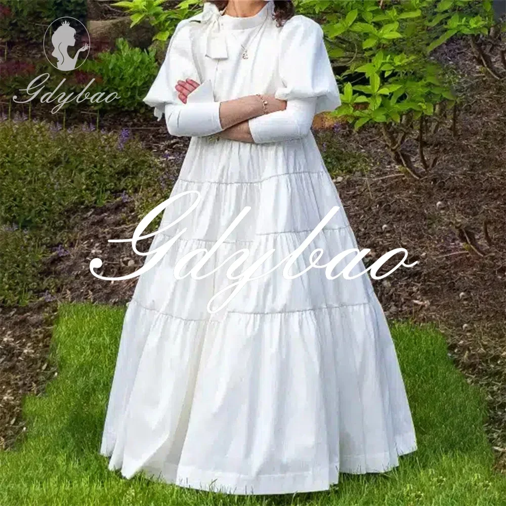 Formal High Neck Floor Length A Line Long First Communion Dress Puff Sleeve Classic Simple Flower Girl Gown New Customized