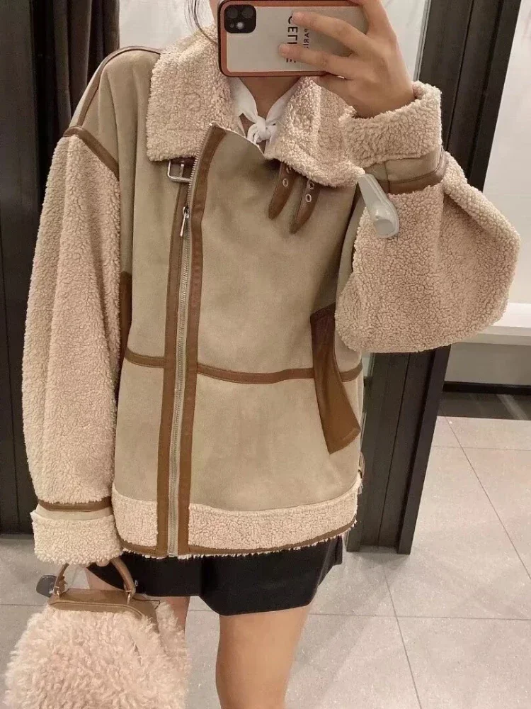 Women\'s Patchwork Faux Fur Warm Jacket Lapel Metal Zipper Grained Velvet Sleeves Double Pockets Loose Overcoat Winter Chic Coat