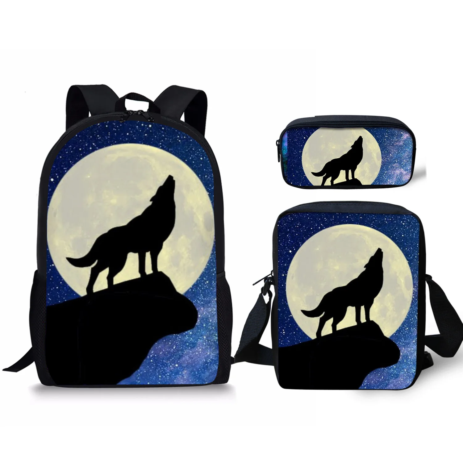 

Harajuku Wolf on the Moon Pattern 3D Print 3pcs/Set pupil School Bags Laptop Daypack Backpack Inclined shoulder bag Pencil Case