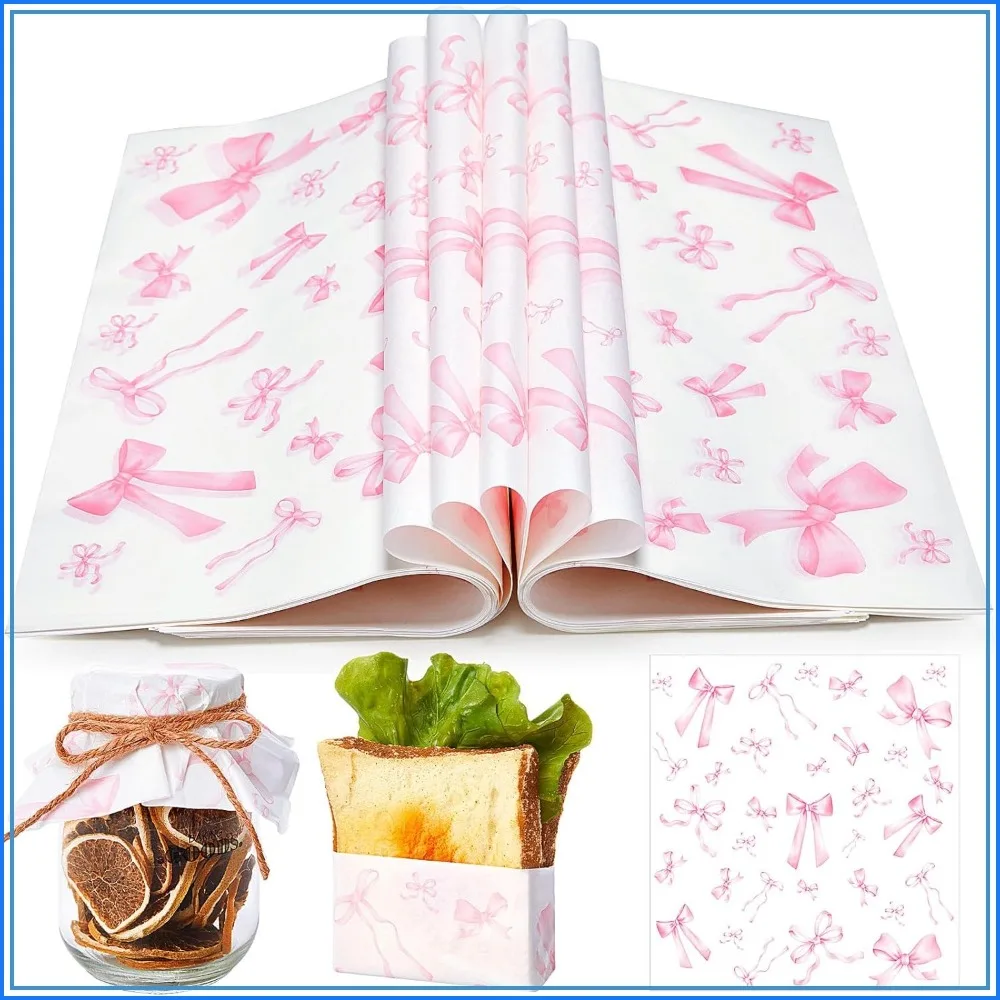 

100 Sheets Pink Bow Wax Paper 11.4x11 Inches Greaseproof Wrapping for Sandwiches, Burgers, Picnic, Birthday, Wedding Party Packing