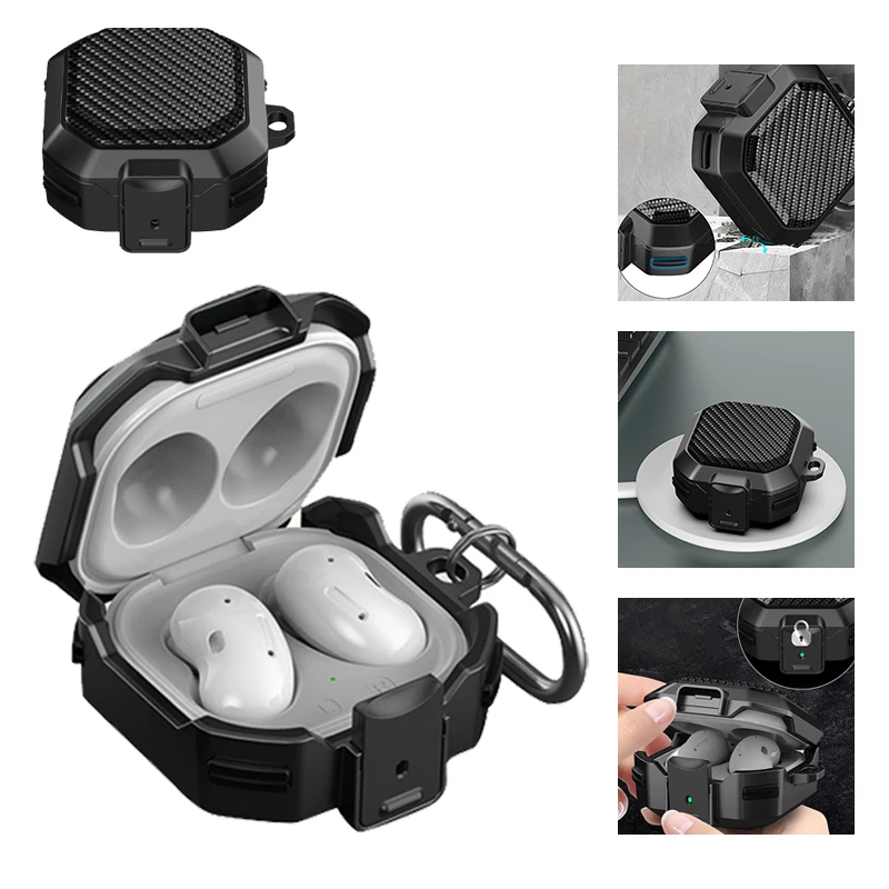 Secuer Lock Switch Armor Case For Samsung Galaxy Buds FE Buds Pro Buds2 Pro Live Earbuds case Earphone Cover With Buckle Hook