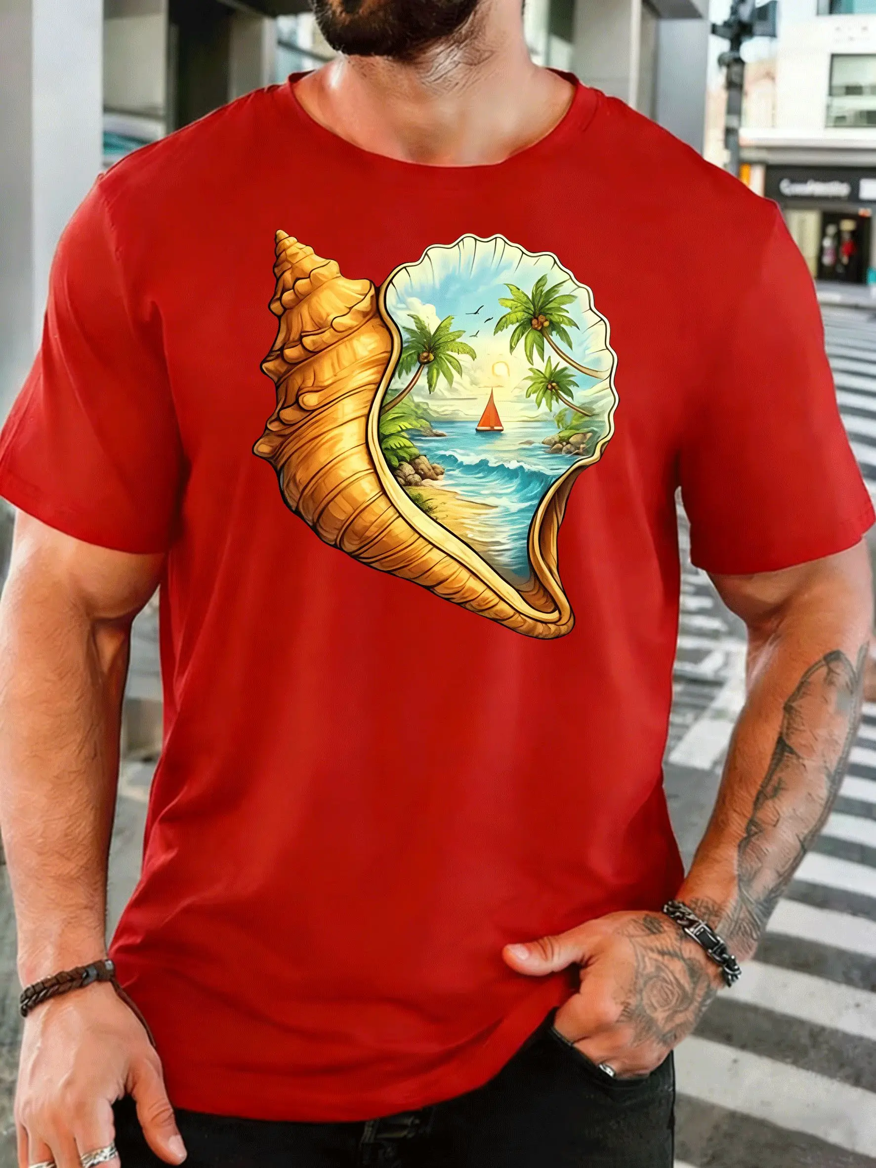 Conch Shell With Tropical Beach Seascape Mens Front Print T Shirt Ocean Coast Graphic Tee Casual Short Sleeve Top Sea Lover Gift