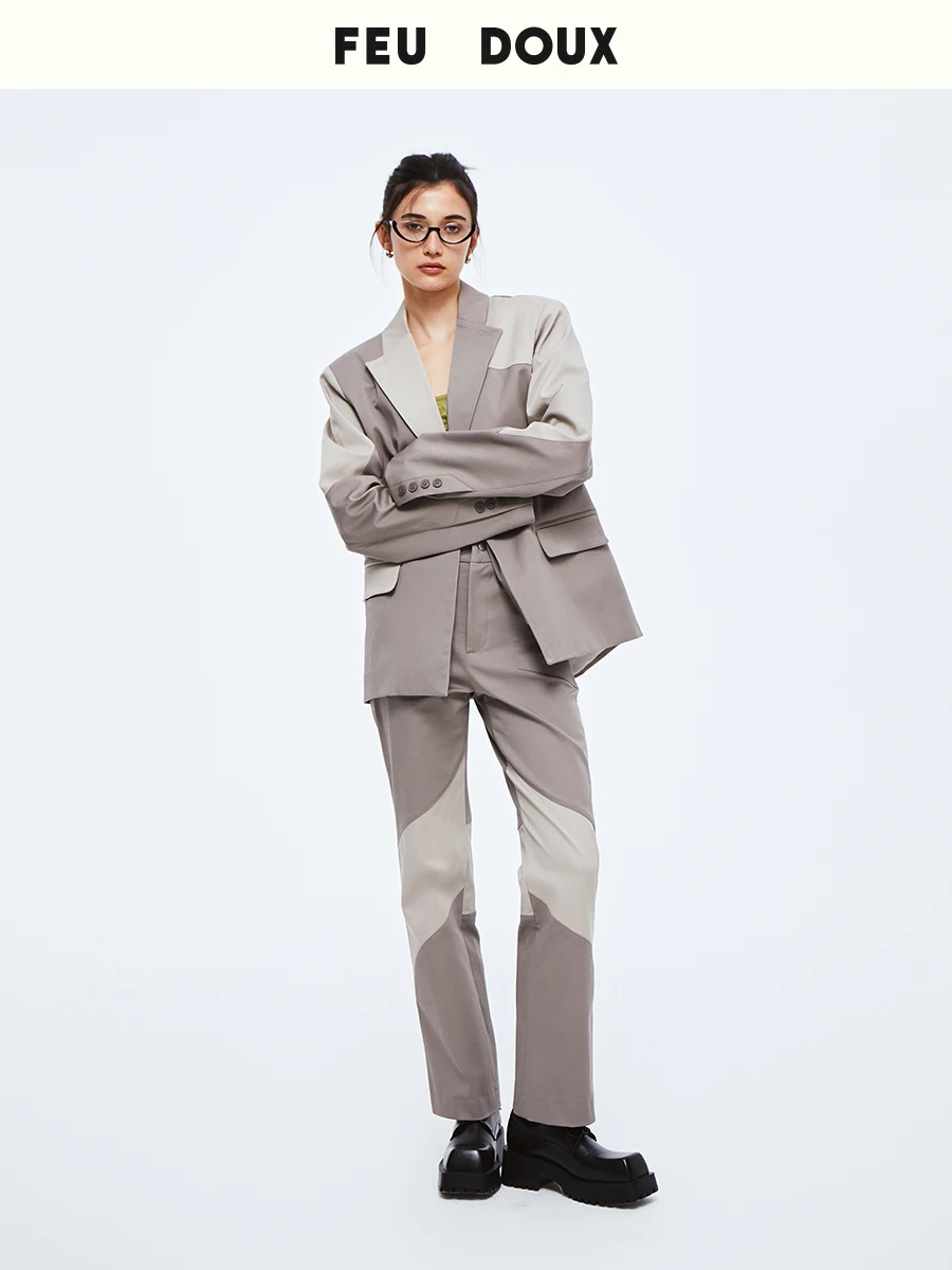 

Feu Doux Casual Loose Fit Reverse Patchwork Suit Jaet Original Design Pure Cotton Long Sve Button ket Summer 2023