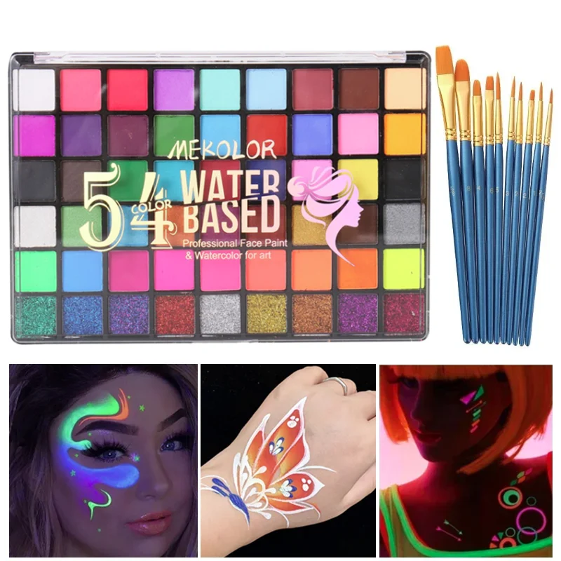 54 Colors Face Body Paint Kit Glow Fluorescent Neon Water-Soluble Colorful Painting Festival Party Art Makeup Palette