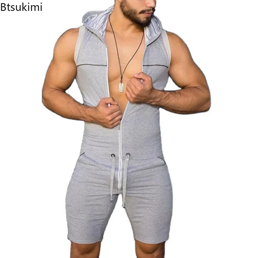 New 2024 Men\'s One Piece Tight Fitness Jumpsuit Zipper Sleeveless Hooded Rompers with Pockets Male Fashion Rompers Pajamas Sets