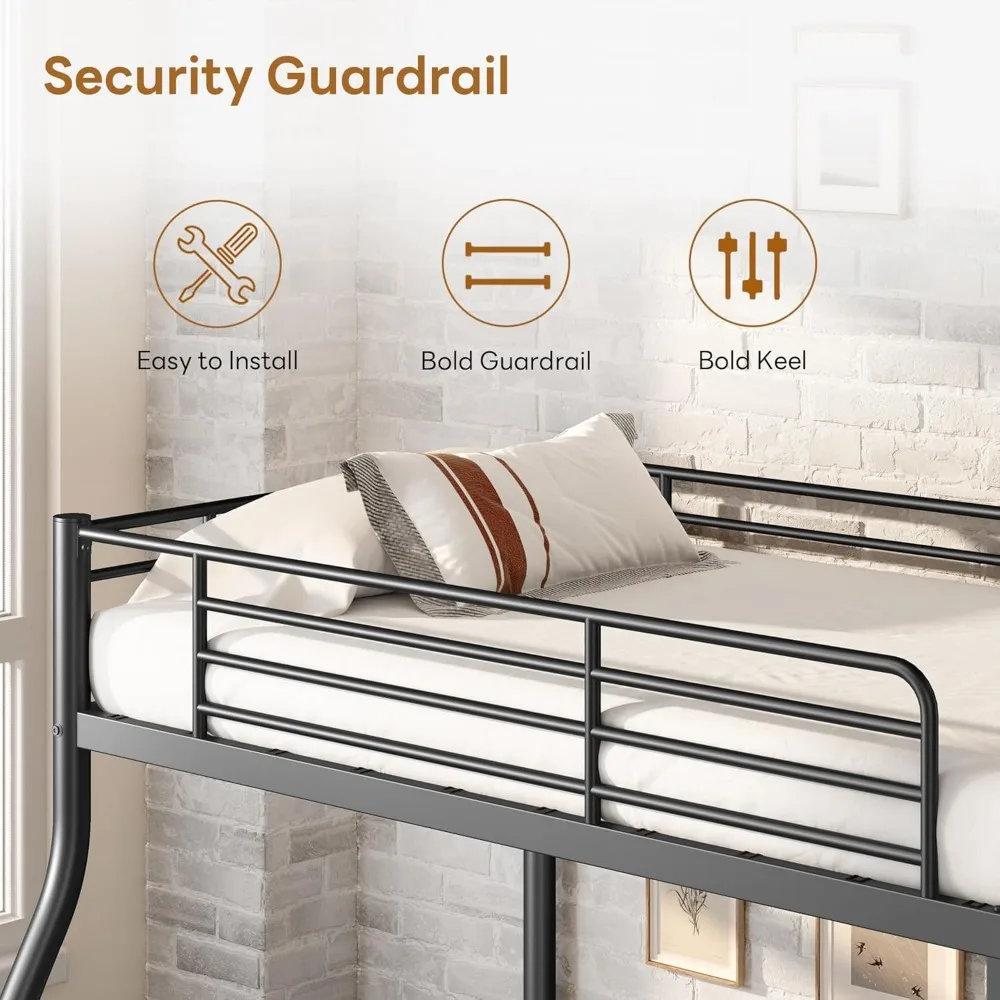 سرير معدني بطابقين مزدوج الحجم بالكامل مع سلم ودرابزين، إطار سرير معدني للمراهقين البالغين، أسرة بطابقين قوية شديدة التحمل،