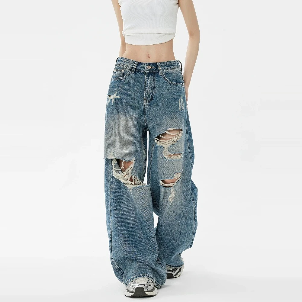 Wide Leg Ripped Jeans for Women Loose Style High Street Jeans Fashion Ladies Female Denim Pants Trousers for Spring Summer