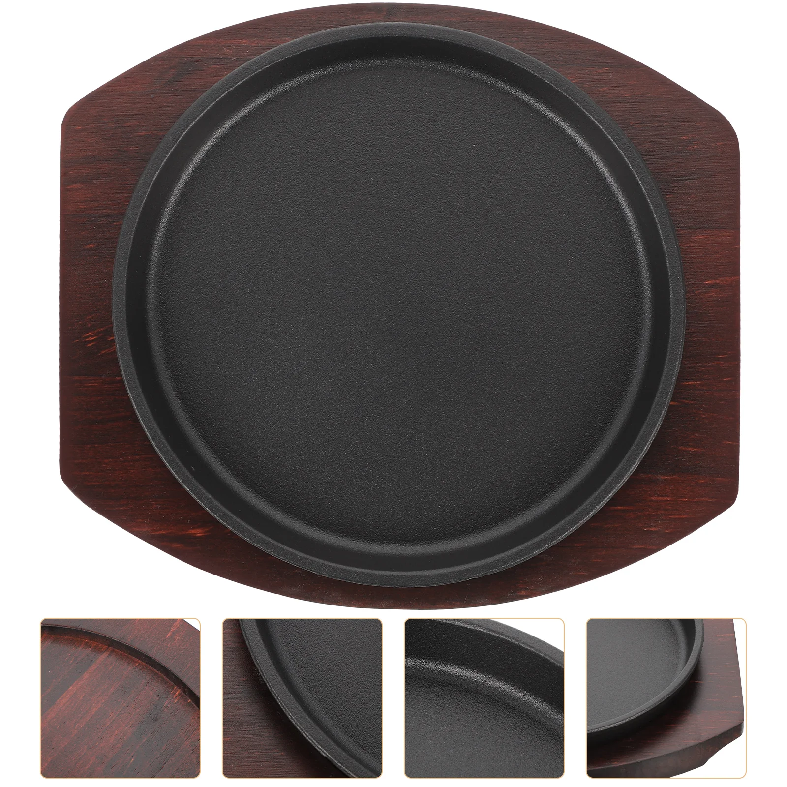 

1Set Thick Cast Iron Steak Plate Round Grill Pan Nonstick Steak Pan Serving Dish with Wooden Tray Kitchen Essentials Outdoor