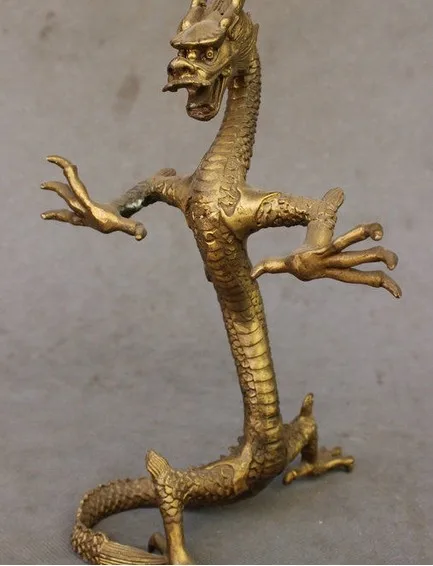 

10" Folk Chinese FengShui Brass Year Zodiac Insolent Dragon Erect Guard StatUE