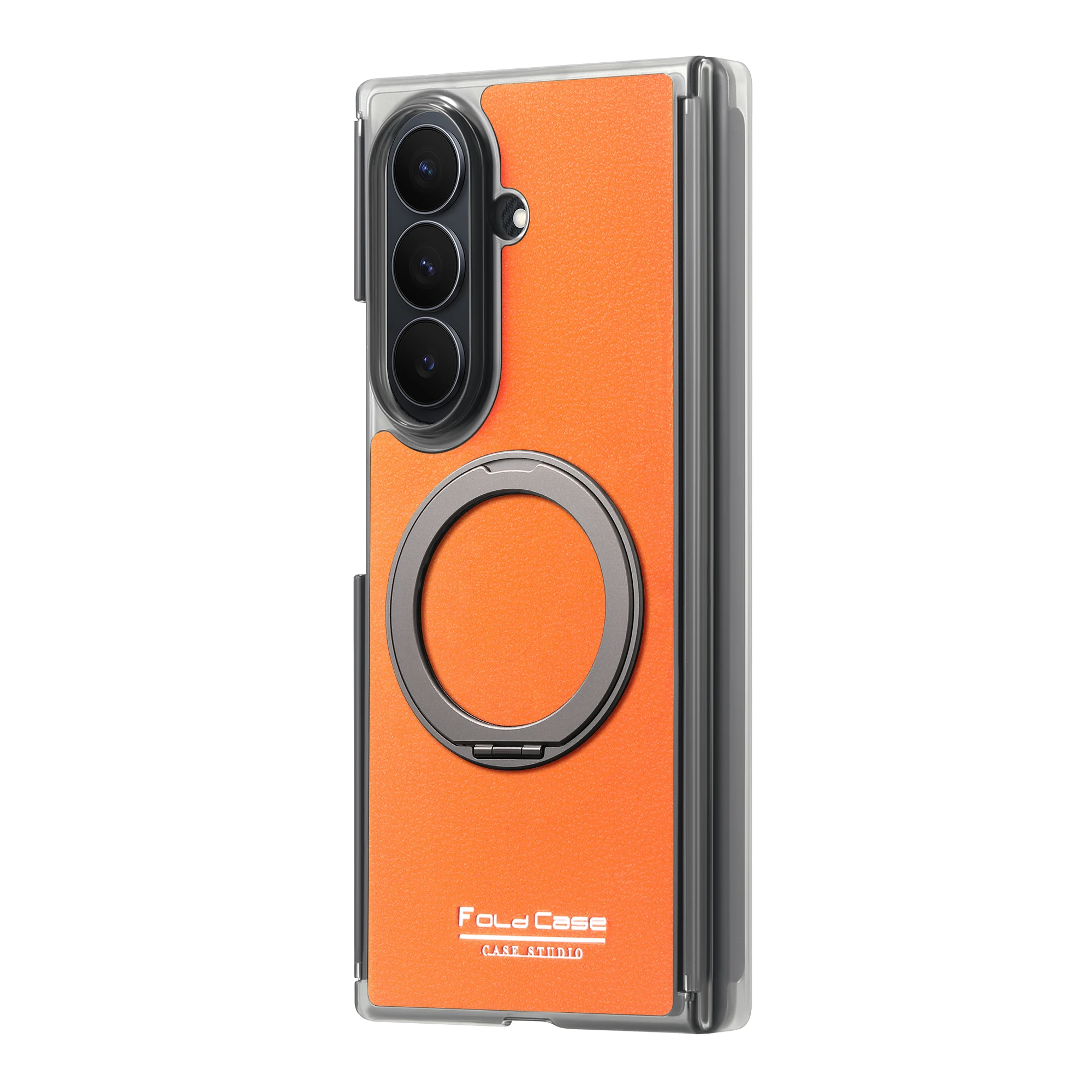 Capa Magnética Giratória 360° com Textura Lichia para Samsung Galaxy Z Fold 7 6 5 4, com Carregamento Sem Fio Tri-Fold e Proteção Antichoque de Eixo Duplo