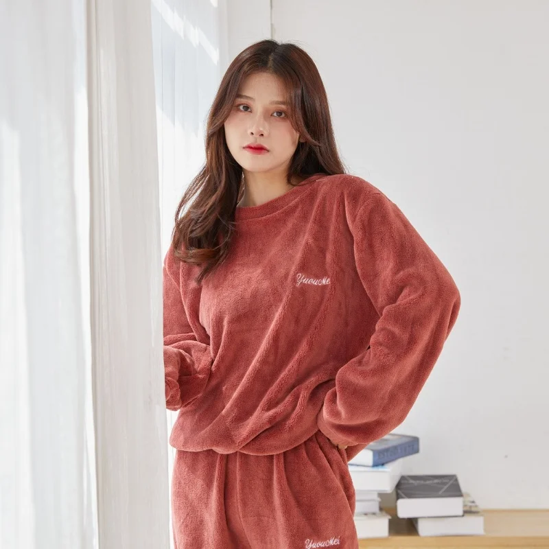 Autumn and Winter New Women\'s Warm Pajamas Homewear Suit Warm Pants Coral Padded Suit Loose Lazy Sleeper Pants Home Pajamas